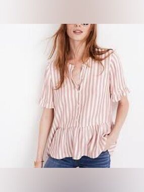 Madewell Pink and White Striped Button-Front Peplum Blouse
